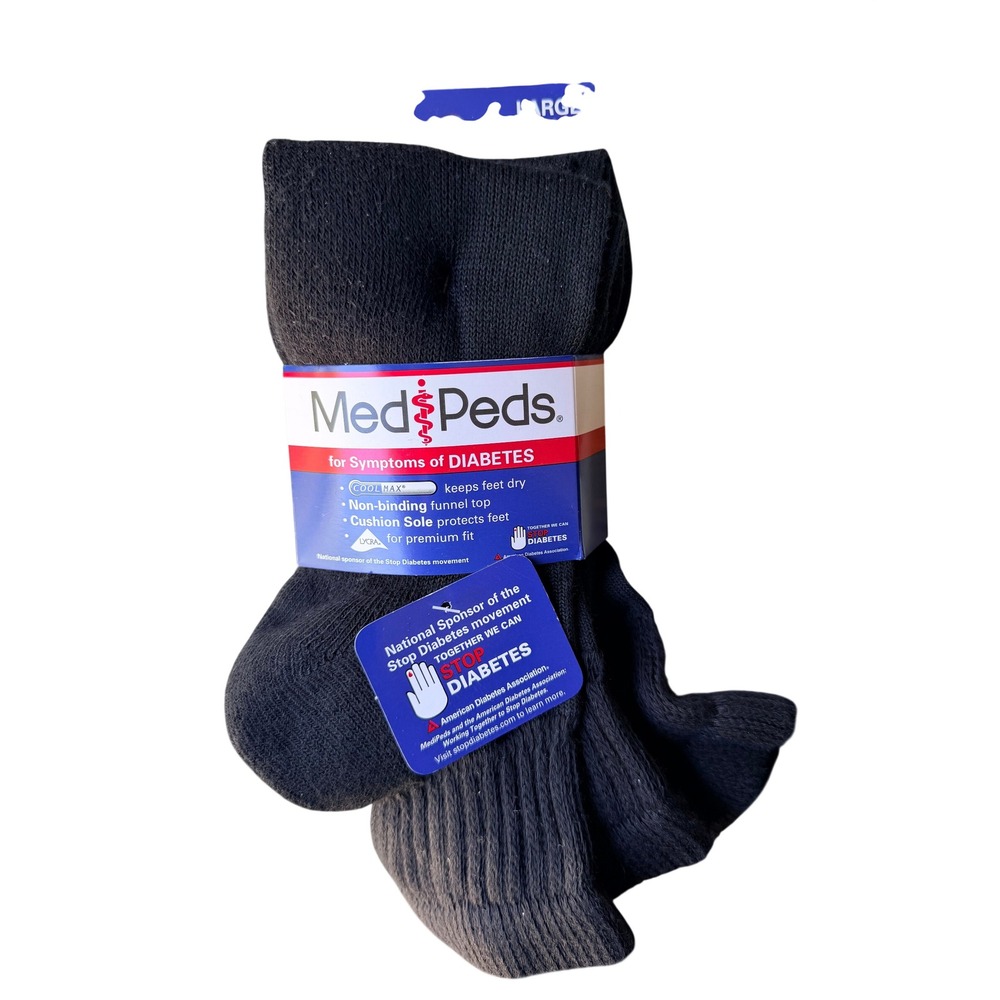MedPeds 3 Pair Quarter Socks Black Large Cotton Blend CoolMax Non-Binding